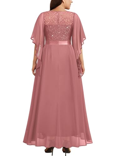 MISSMAY Women's Plus Size Elegant Butterfly Sleeve Chiffon Sequin Lace Bodice Evening Party Long Dress