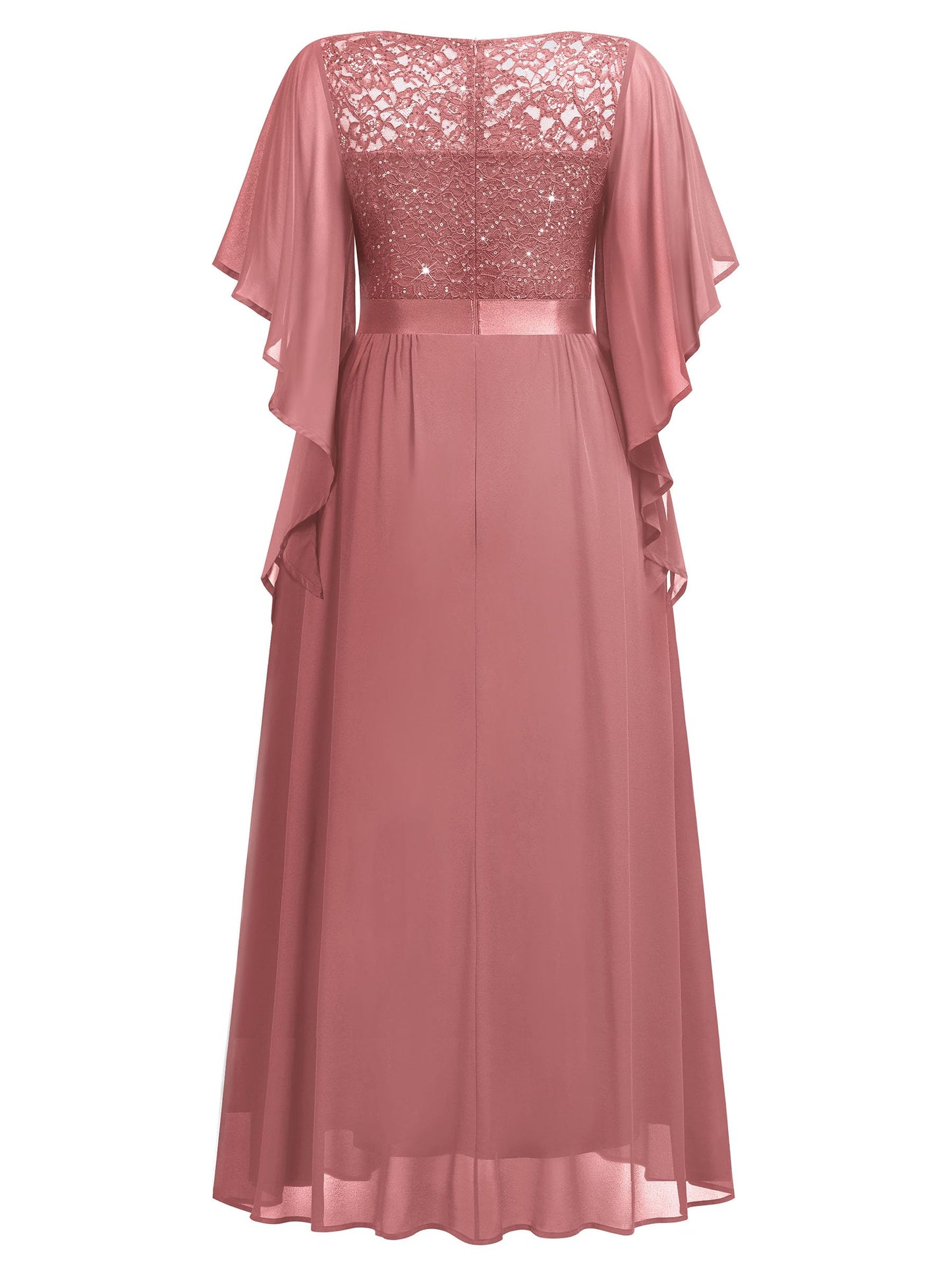 MISSMAY Women's Plus Size Elegant Butterfly Sleeve Chiffon Sequin Lace Bodice Evening Party Long Dress