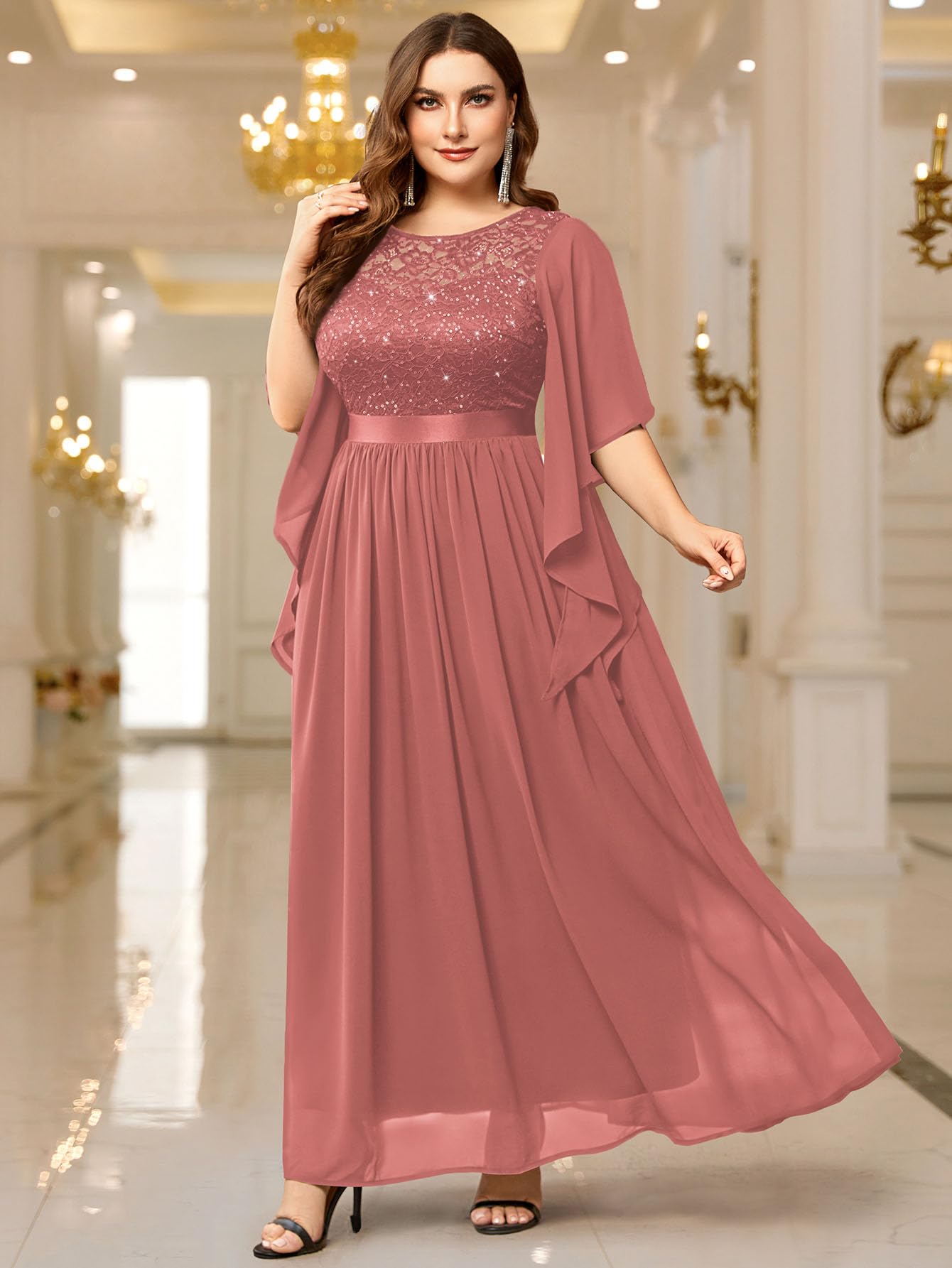 MISSMAY Women's Plus Size Elegant Butterfly Sleeve Chiffon Sequin Lace Bodice Evening Party Long Dress