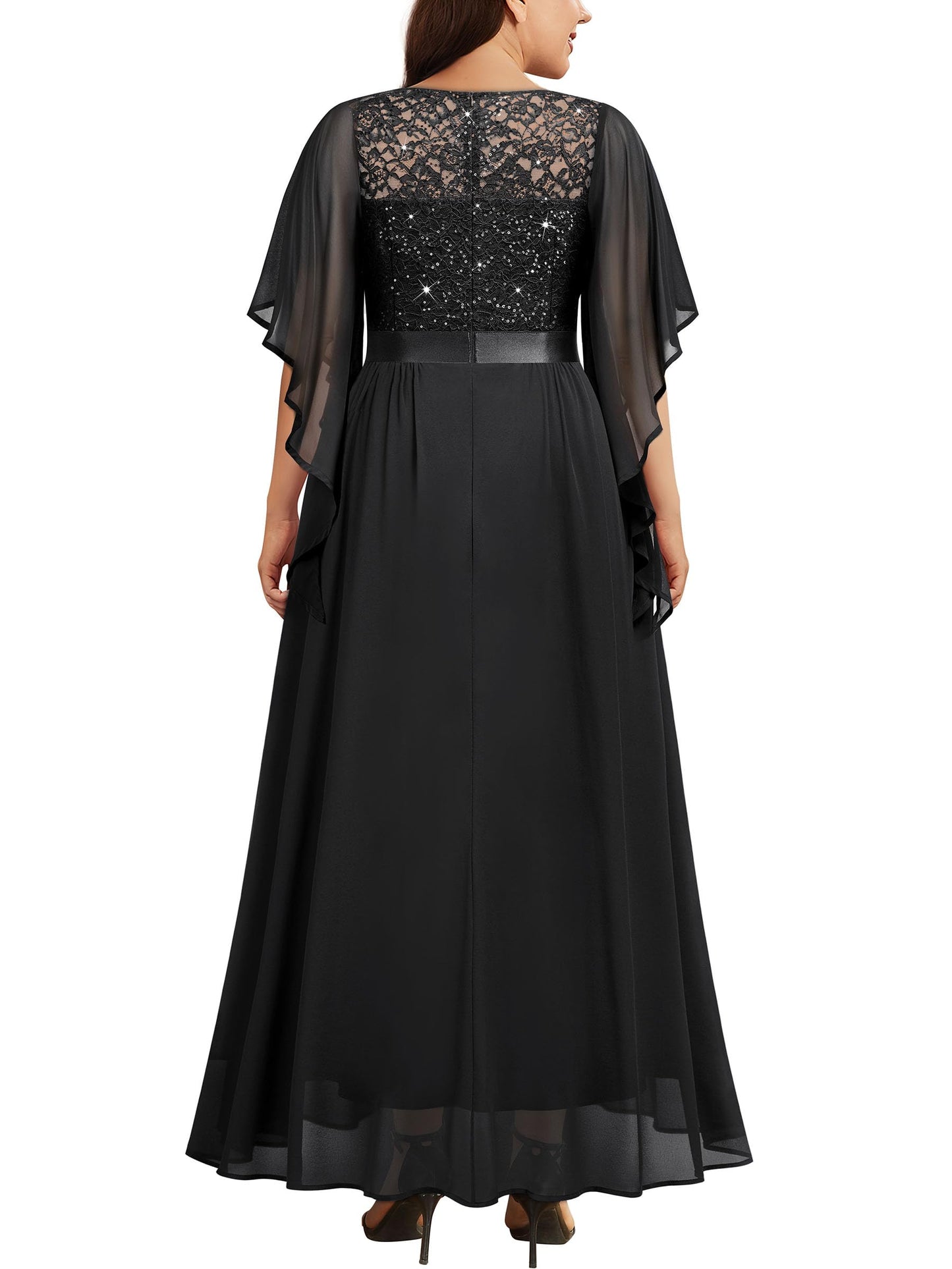 MISSMAY Women's Plus Size Elegant Butterfly Sleeve Chiffon Sequin Lace Bodice Evening Party Long Dress