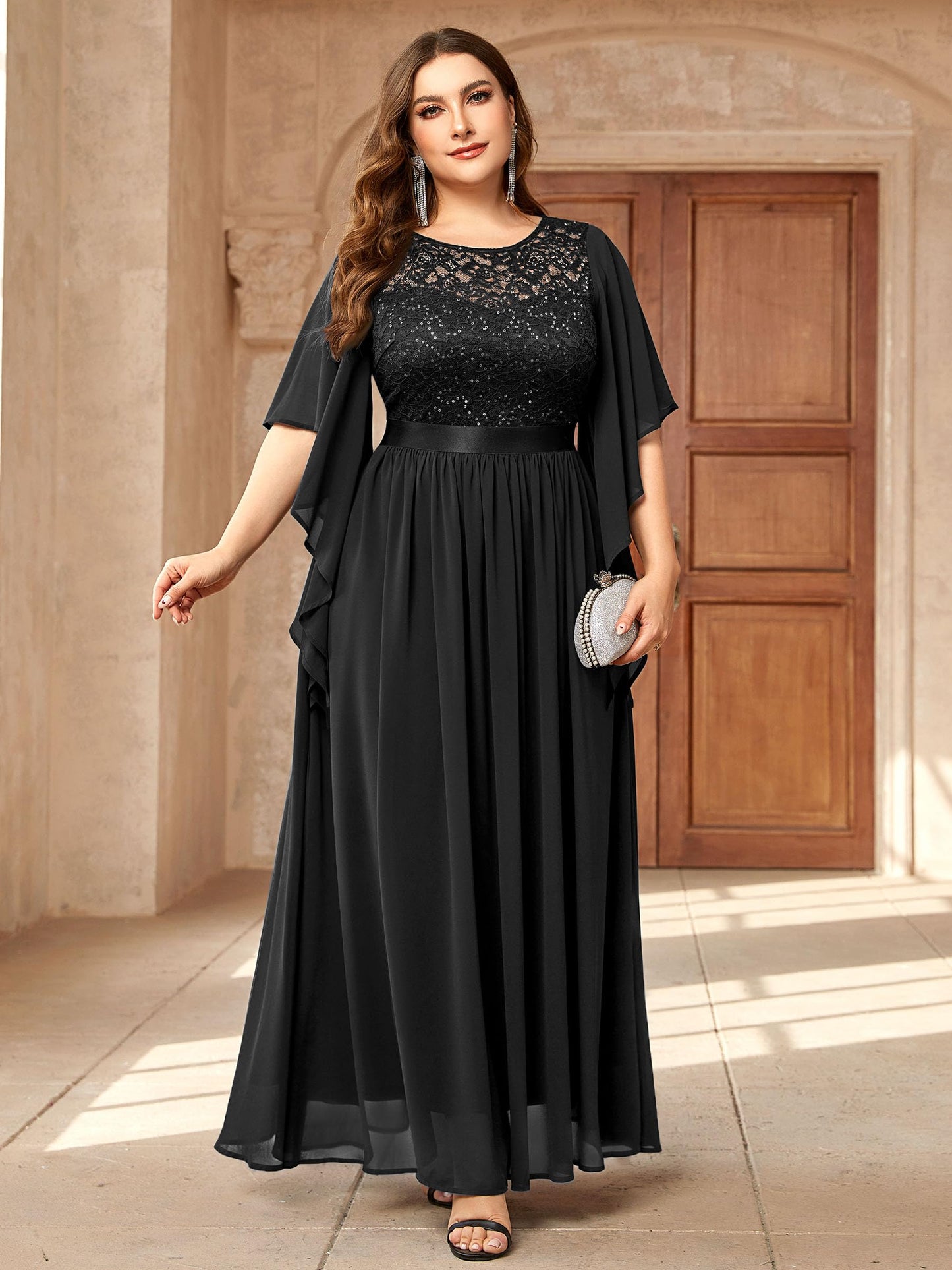 MISSMAY Women's Plus Size Elegant Butterfly Sleeve Chiffon Sequin Lace Bodice Evening Party Long Dress