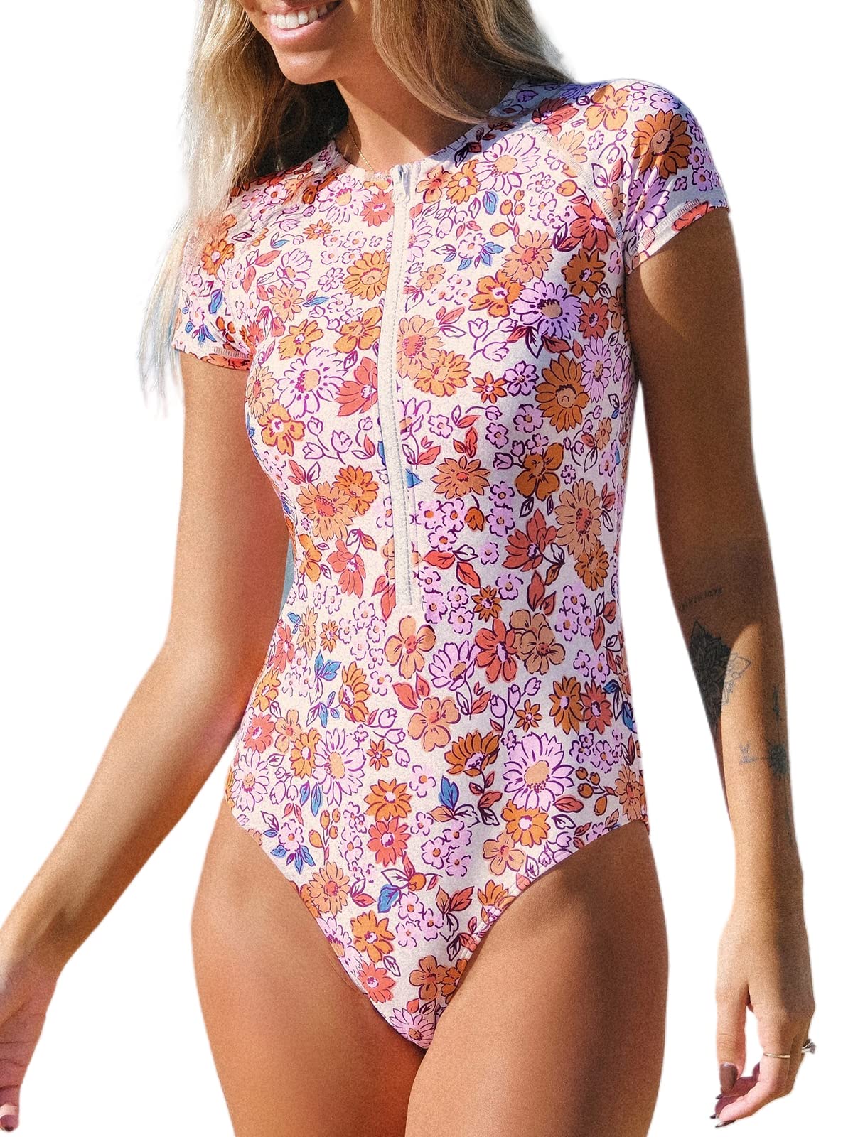 CUPSHE One Piece Swimsuit for Women High Neck Zipper Short Sleeve Bathing Suit