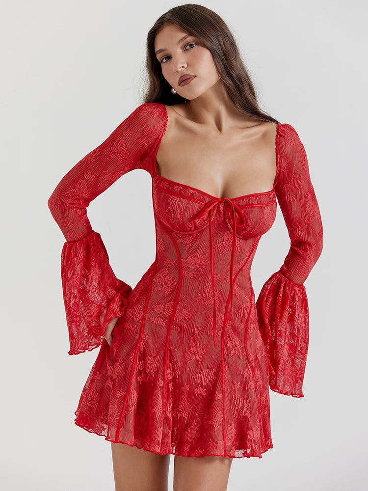 Elegant Backless Long Flare Sleeve Print Mini Dress