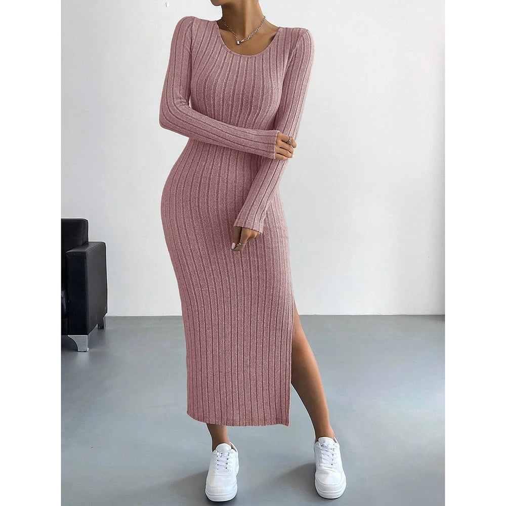 Women's Knitted Stripe Split U Neck Elastic Bodycon Full Length Casual Maxi Long Dresses