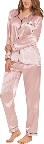 SWOMOG Women's Pyjama Set Silk Satin Long Sleeve Button Down Pyjamas Two Piece Comfy Sleepwear and Loungewear Set