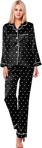 SWOMOG Women's Pyjama Set Silk Satin Long Sleeve Button Down Pyjamas Two Piece Comfy Sleepwear and Loungewear Set