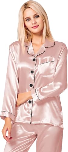 SWOMOG Women's Pyjama Set Silk Satin Long Sleeve Button Down Pyjamas Two Piece Comfy Sleepwear and Loungewear Set