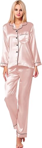 SWOMOG Women's Pyjama Set Silk Satin Long Sleeve Button Down Pyjamas Two Piece Comfy Sleepwear and Loungewear Set