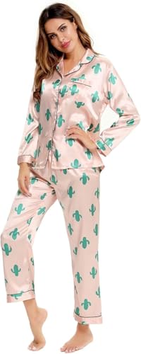 SWOMOG Women's Pyjama Set Silk Satin Long Sleeve Button Down Pyjamas Two Piece Comfy Sleepwear and Loungewear Set