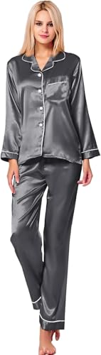 SWOMOG Women's Pyjama Set Silk Satin Long Sleeve Button Down Pyjamas Two Piece Comfy Sleepwear and Loungewear Set