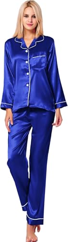 SWOMOG Women's Pyjama Set Silk Satin Long Sleeve Button Down Pyjamas Two Piece Comfy Sleepwear and Loungewear Set