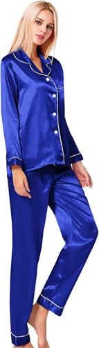 SWOMOG Women's Pyjama Set Silk Satin Long Sleeve Button Down Pyjamas Two Piece Comfy Sleepwear and Loungewear Set