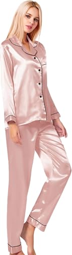 SWOMOG Women's Pyjama Set Silk Satin Long Sleeve Button Down Pyjamas Two Piece Comfy Sleepwear and Loungewear Set