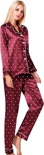 SWOMOG Women's Pyjama Set Silk Satin Long Sleeve Button Down Pyjamas Two Piece Comfy Sleepwear and Loungewear Set