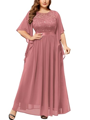 MISSMAY Women's Plus Size Elegant Butterfly Sleeve Chiffon Sequin Lace Bodice Evening Party Long Dress