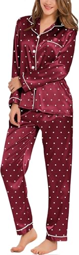 SWOMOG Women's Pyjama Set Silk Satin Long Sleeve Button Down Pyjamas Two Piece Comfy Sleepwear and Loungewear Set