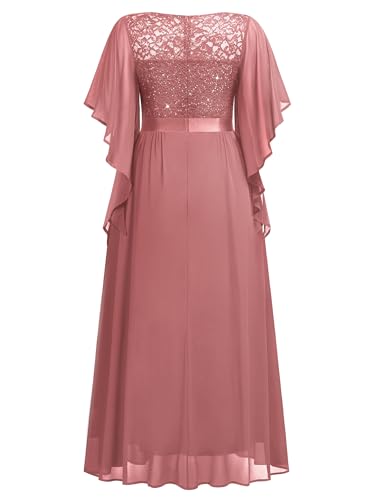 MISSMAY Women's Plus Size Elegant Butterfly Sleeve Chiffon Sequin Lace Bodice Evening Party Long Dress
