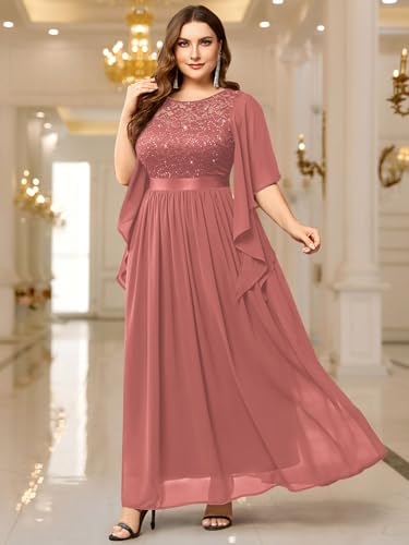 MISSMAY Women's Plus Size Elegant Butterfly Sleeve Chiffon Sequin Lace Bodice Evening Party Long Dress