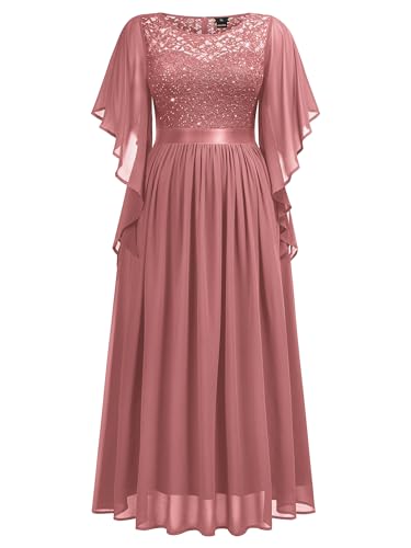 MISSMAY Women's Plus Size Elegant Butterfly Sleeve Chiffon Sequin Lace Bodice Evening Party Long Dress