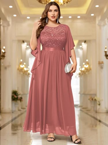 MISSMAY Women's Plus Size Elegant Butterfly Sleeve Chiffon Sequin Lace Bodice Evening Party Long Dress