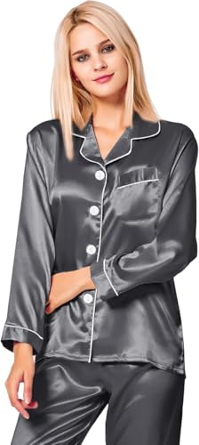 SWOMOG Women's Pyjama Set Silk Satin Long Sleeve Button Down Pyjamas Two Piece Comfy Sleepwear and Loungewear Set