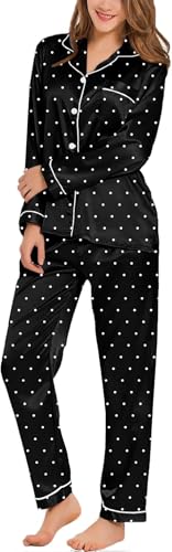 SWOMOG Women's Pyjama Set Silk Satin Long Sleeve Button Down Pyjamas Two Piece Comfy Sleepwear and Loungewear Set