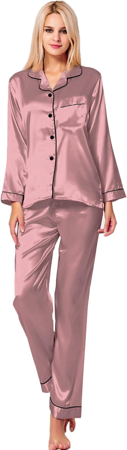 SWOMOG Women's Pyjama Set Silk Satin Long Sleeve Button Down Pyjamas Two Piece Comfy Sleepwear and Loungewear Set