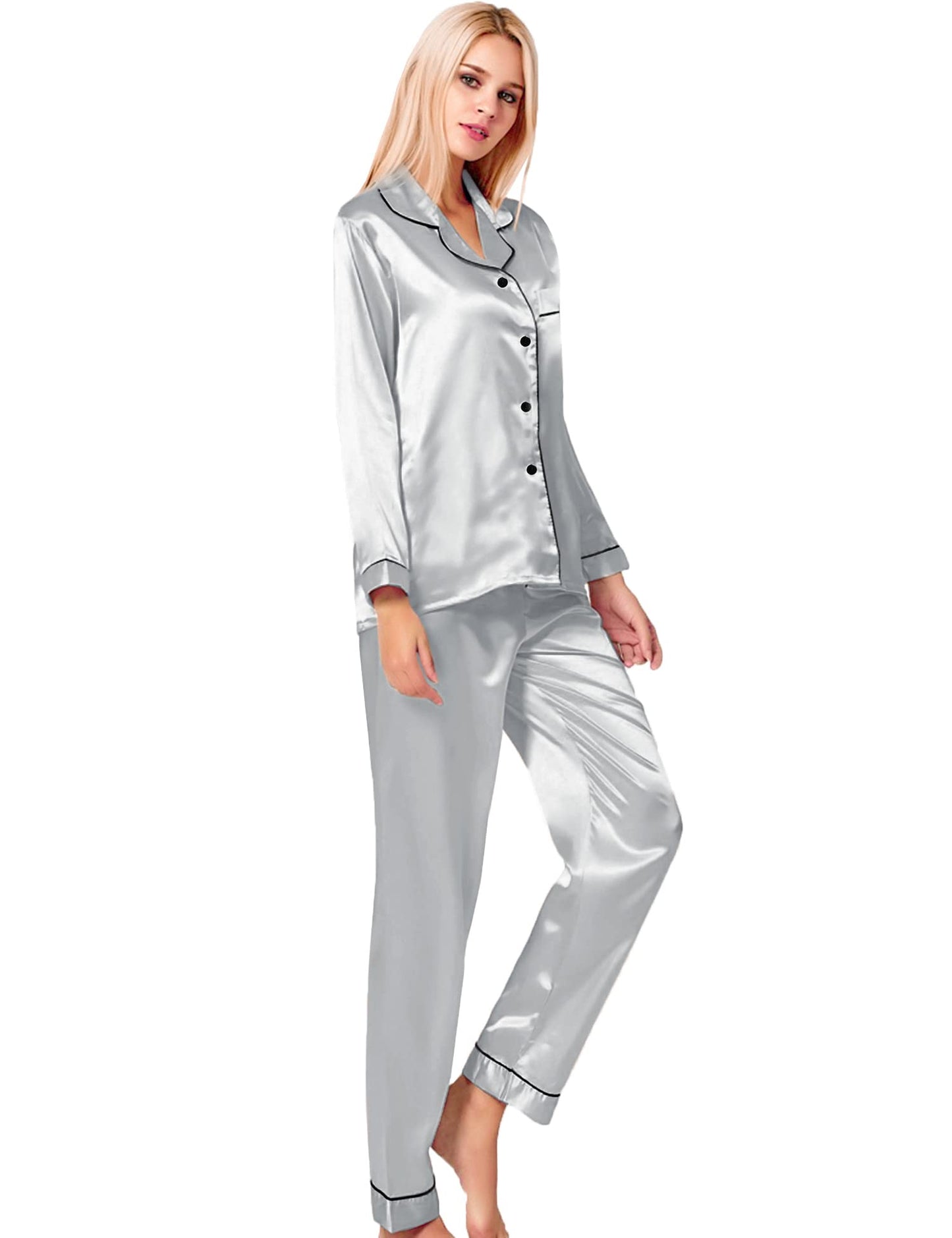 SWOMOG Women's Pyjama Set Silk Satin Long Sleeve Button Down Pyjamas Two Piece Comfy Sleepwear and Loungewear Set