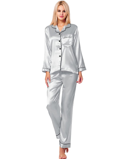 SWOMOG Women's Pyjama Set Silk Satin Long Sleeve Button Down Pyjamas Two Piece Comfy Sleepwear and Loungewear Set