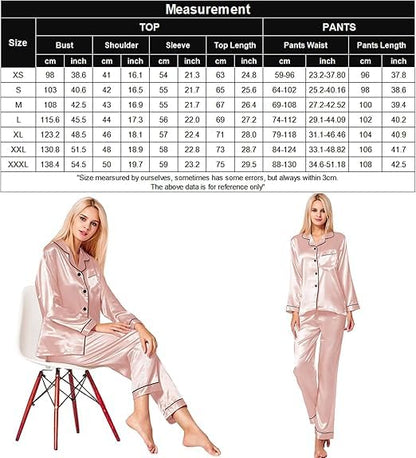 SWOMOG Women's Pyjama Set Silk Satin Long Sleeve Button Down Pyjamas Two Piece Comfy Sleepwear and Loungewear Set