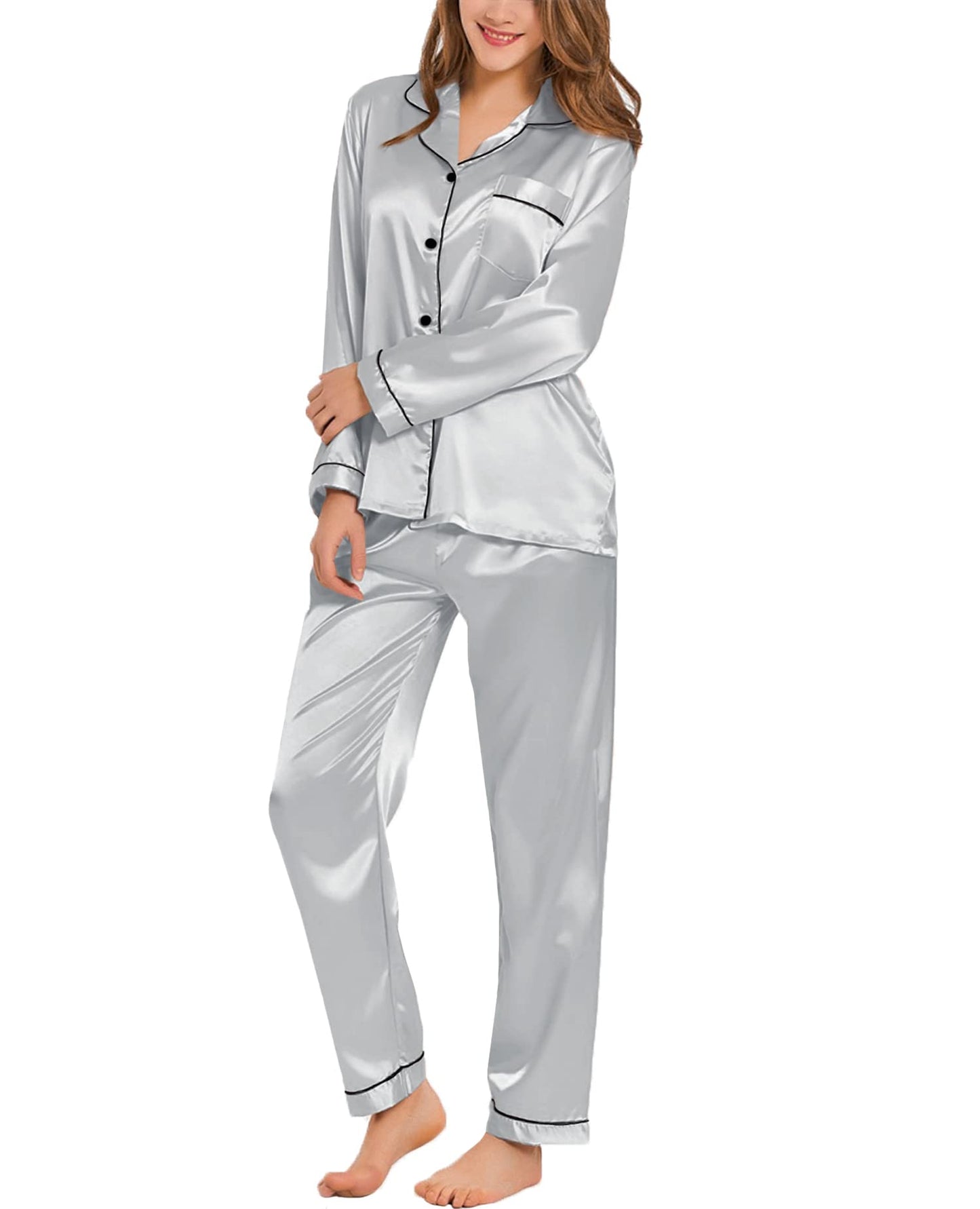 SWOMOG Women's Pyjama Set Silk Satin Long Sleeve Button Down Pyjamas Two Piece Comfy Sleepwear and Loungewear Set