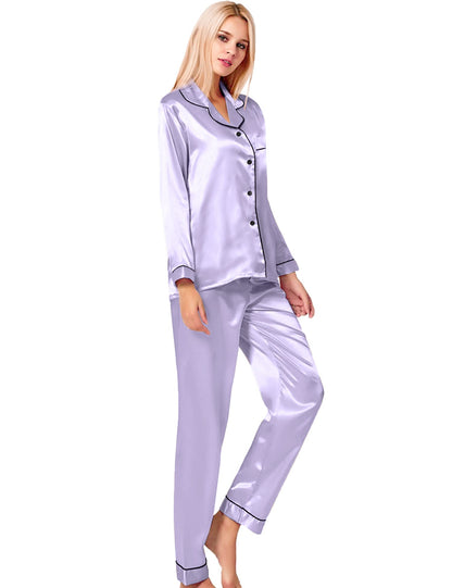 SWOMOG Women's Pyjama Set Silk Satin Long Sleeve Button Down Pyjamas Two Piece Comfy Sleepwear and Loungewear Set