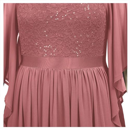 MISSMAY Women's Plus Size Elegant Butterfly Sleeve Chiffon Sequin Lace Bodice Evening Party Long Dress