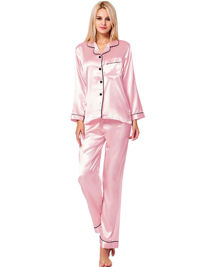 SWOMOG Women's Pyjama Set Silk Satin Long Sleeve Button Down Pyjamas Two Piece Comfy Sleepwear and Loungewear Set