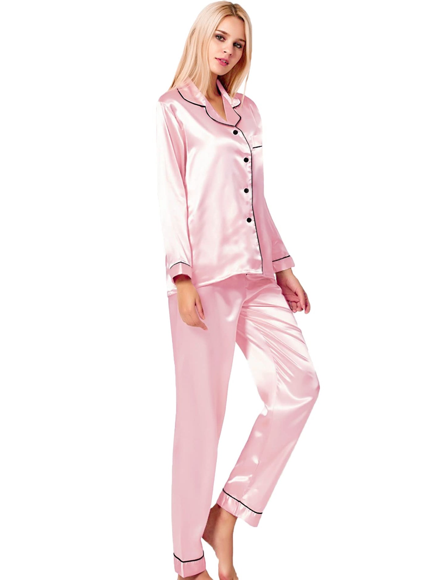 SWOMOG Women's Pyjama Set Silk Satin Long Sleeve Button Down Pyjamas Two Piece Comfy Sleepwear and Loungewear Set