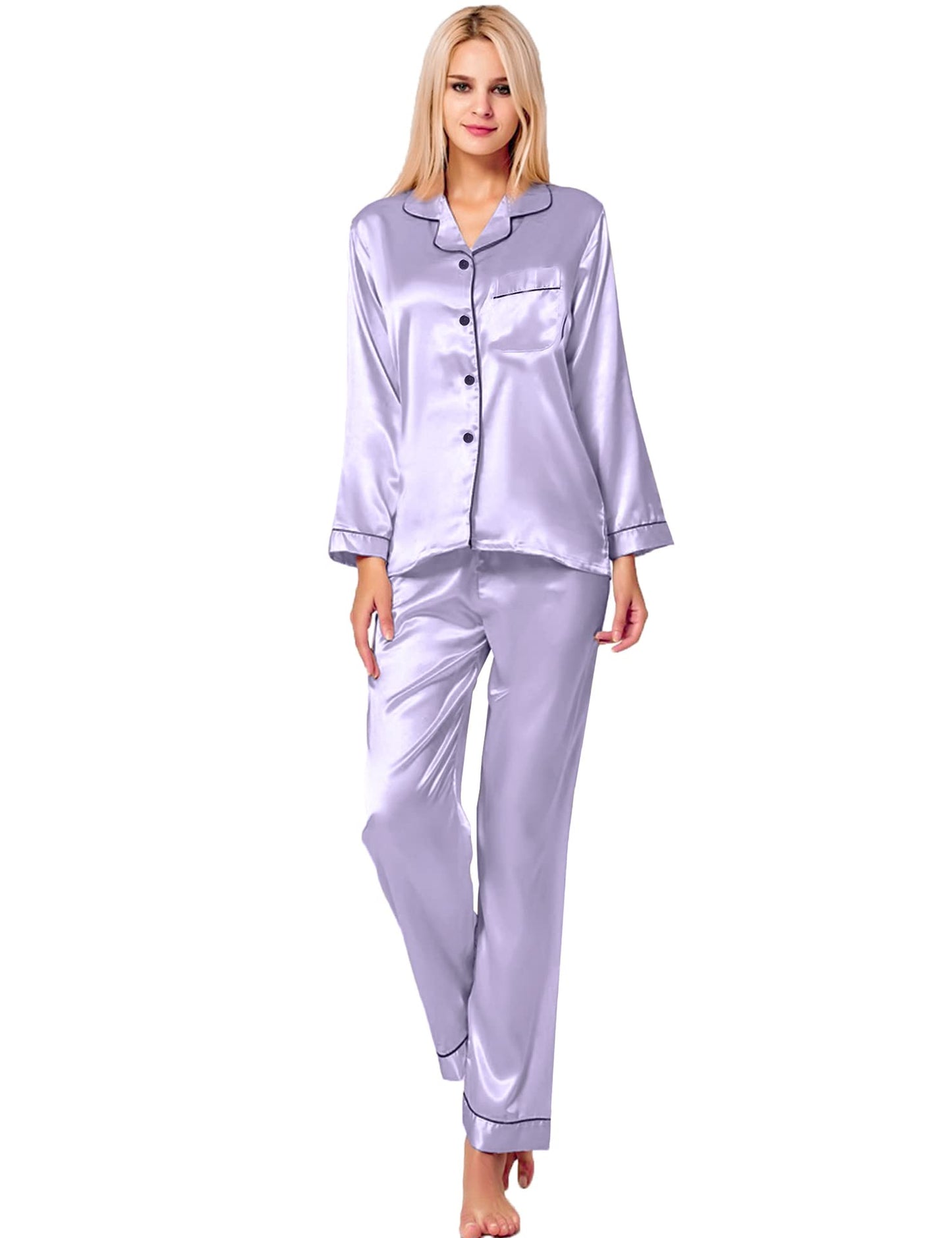 SWOMOG Women's Pyjama Set Silk Satin Long Sleeve Button Down Pyjamas Two Piece Comfy Sleepwear and Loungewear Set