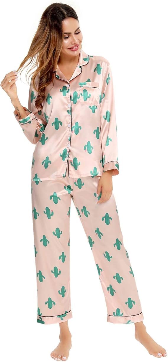 SWOMOG Women's Pyjama Set Silk Satin Long Sleeve Button Down Pyjamas Two Piece Comfy Sleepwear and Loungewear Set