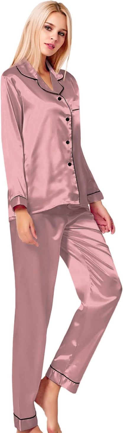 SWOMOG Women's Pyjama Set Silk Satin Long Sleeve Button Down Pyjamas Two Piece Comfy Sleepwear and Loungewear Set