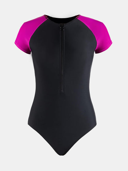 CUPSHE One Piece Swimsuit for Women High Neck Zipper Short Sleeve Bathing Suit