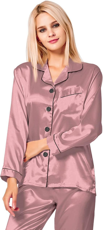 SWOMOG Women's Pyjama Set Silk Satin Long Sleeve Button Down Pyjamas Two Piece Comfy Sleepwear and Loungewear Set