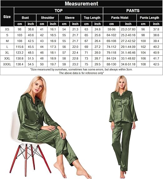 SWOMOG Women's Pyjama Set Silk Satin Long Sleeve Button Down Pyjamas Two Piece Comfy Sleepwear and Loungewear Set