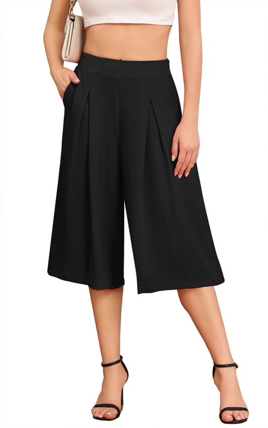 CHANGMU 3/4 Trousers for Women Elasticated Waist Ladies Capri Pants Casual Culottes with Pockets