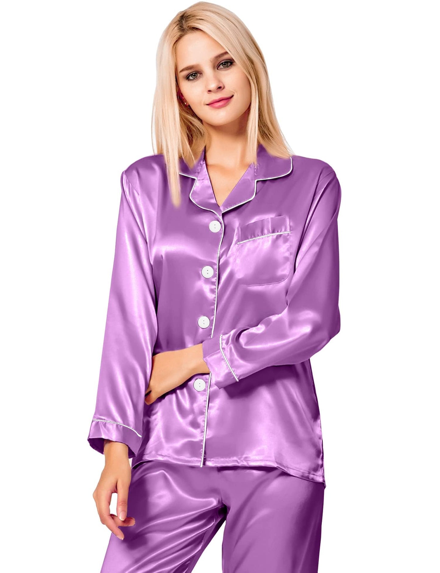 SWOMOG Women's Pyjama Set Silk Satin Long Sleeve Button Down Pyjamas Two Piece Comfy Sleepwear and Loungewear Set