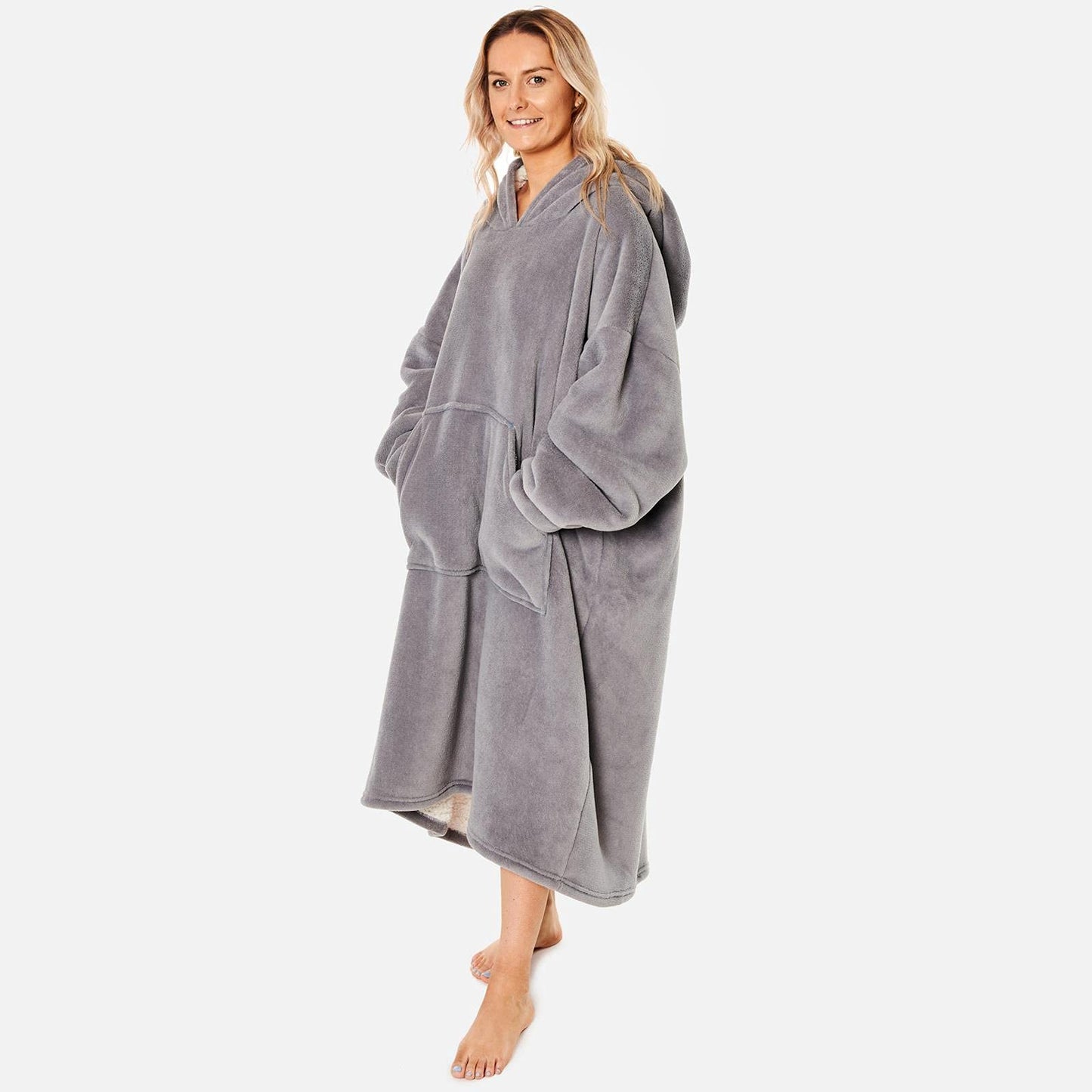 Sienna Extra Long Oversized Blanket Hoodie Wearable Throw with Pockets Sleeves Soft Sherpa Fleece Wearable Throw Giant Sweatshirt, Charcoal Grey