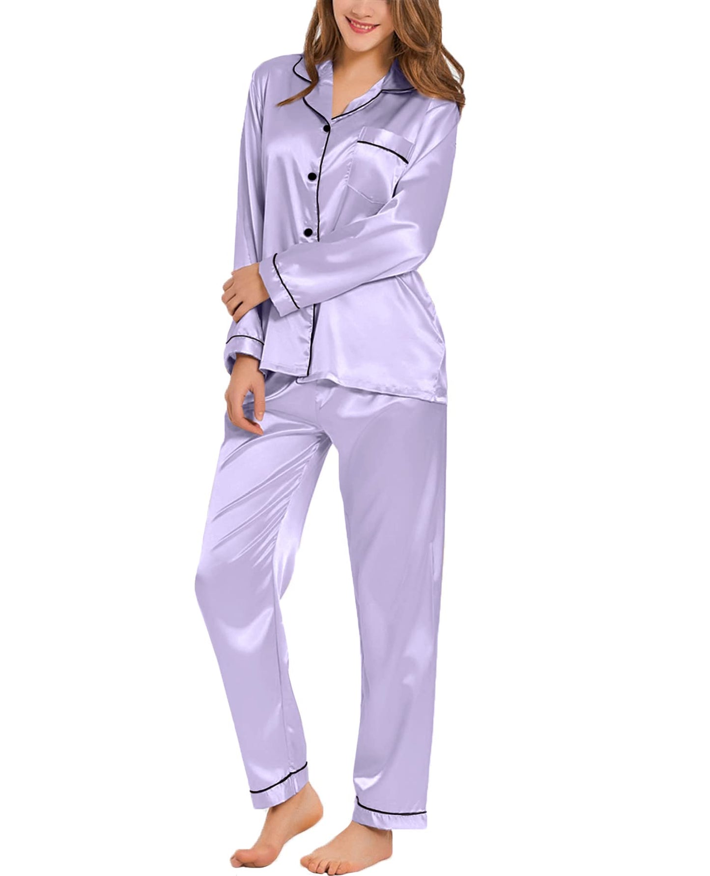 SWOMOG Women's Pyjama Set Silk Satin Long Sleeve Button Down Pyjamas Two Piece Comfy Sleepwear and Loungewear Set