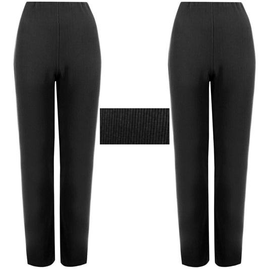 2 Pack Womens Straight Leg Trousers Finely Soft Ribbed Stretch Pull On Ladies Pants Casual Full Elasticated Waist Bottoms