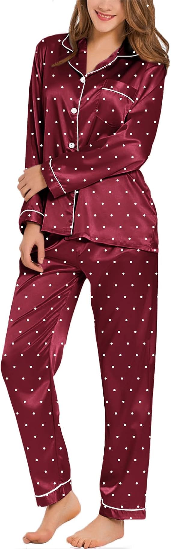 SWOMOG Women's Pyjama Set Silk Satin Long Sleeve Button Down Pyjamas Two Piece Comfy Sleepwear and Loungewear Set