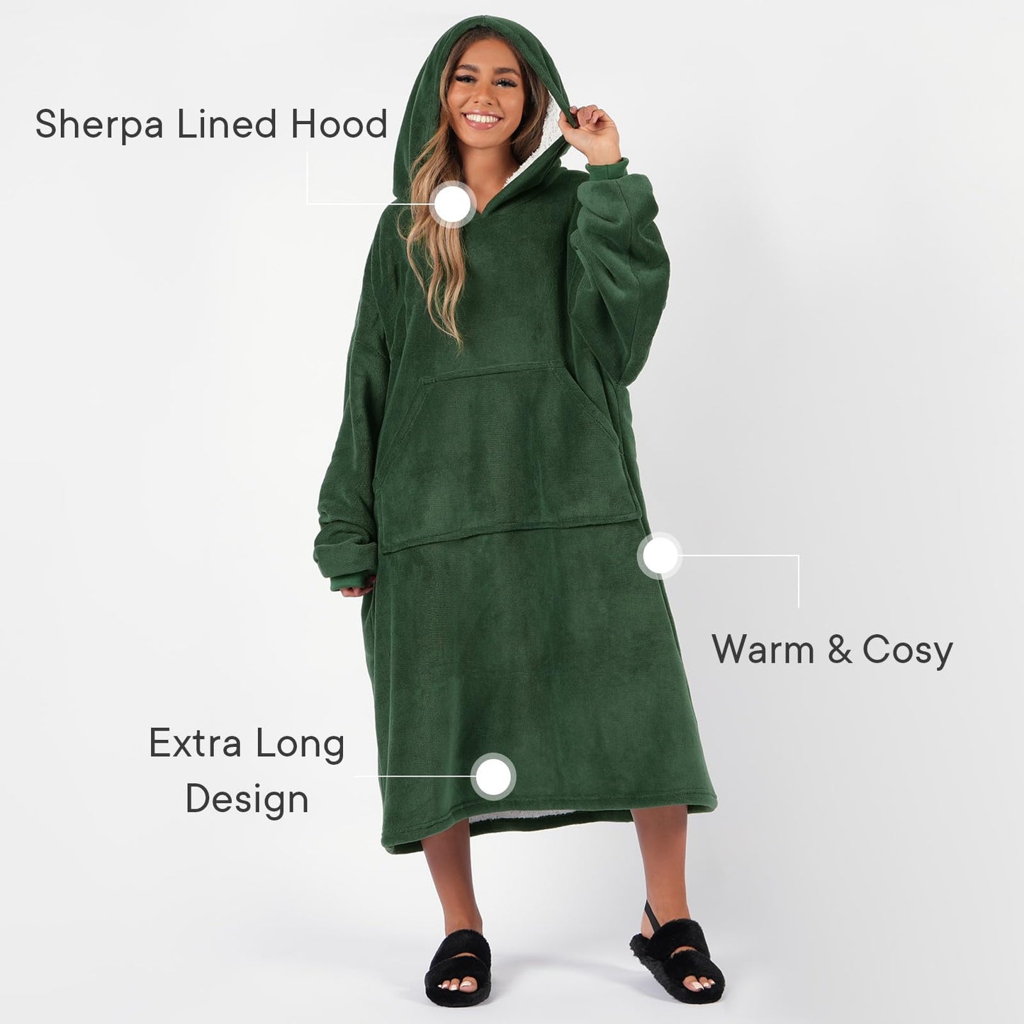 Sienna Extra Long Oversized Blanket Hoodie Wearable Throw with Pockets Sleeves Soft Sherpa Fleece Wearable Throw Giant Sweatshirt, Charcoal Grey