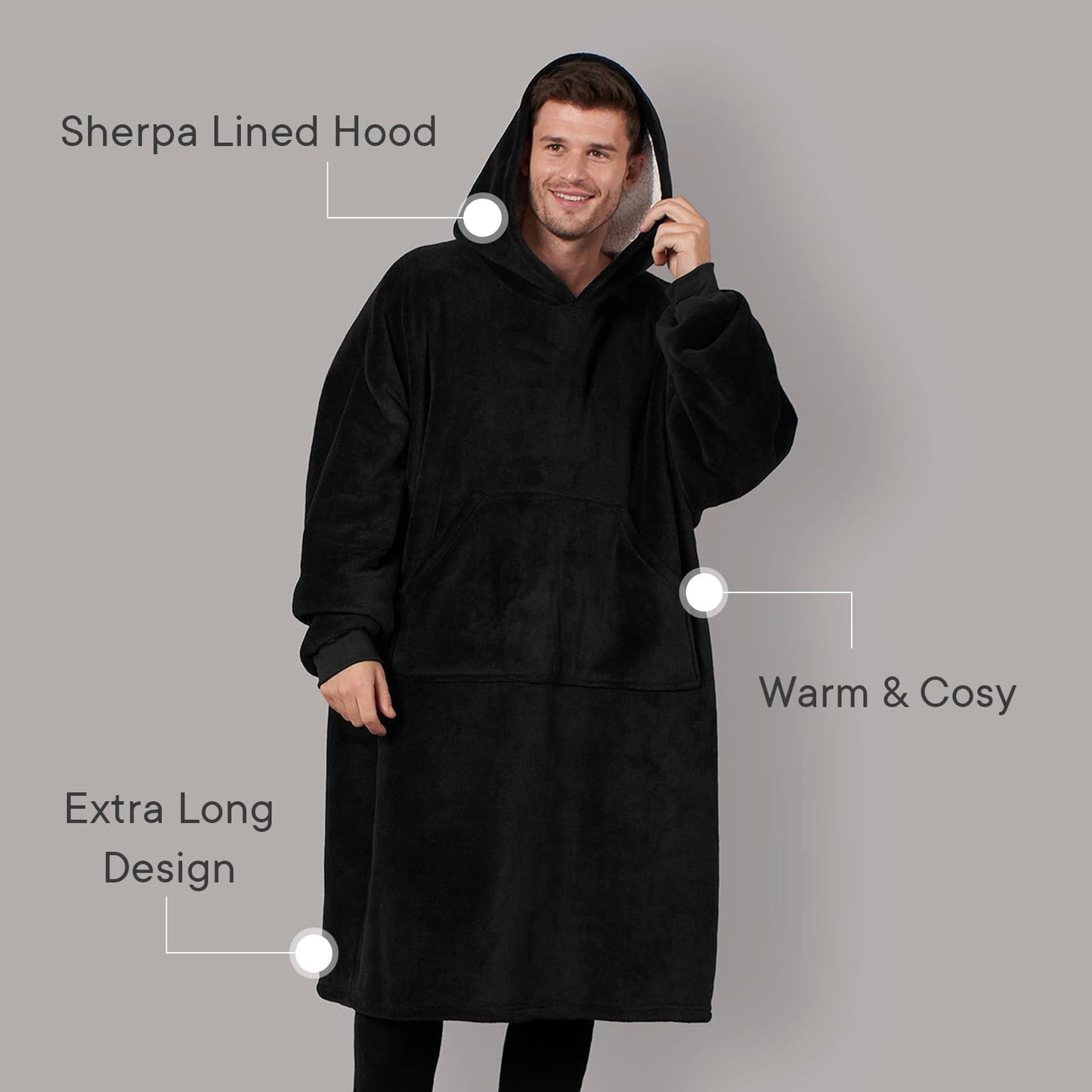 Sienna Extra Long Oversized Blanket Hoodie Wearable Throw with Pockets Sleeves Soft Sherpa Fleece Wearable Throw Giant Sweatshirt, Charcoal Grey