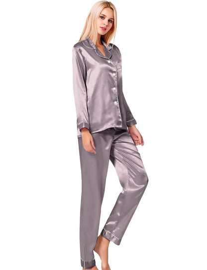 SWOMOG Women's Pyjama Set Silk Satin Long Sleeve Button Down Pyjamas Two Piece Comfy Sleepwear and Loungewear Set